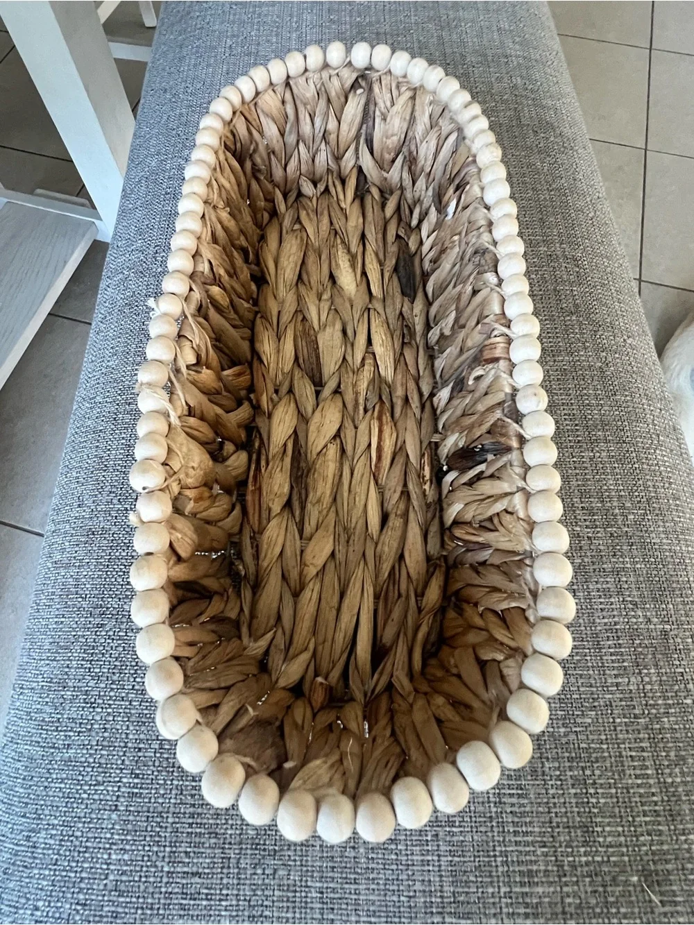 Woven Seagrass Oval Basket with Wooden Bead Trim - Natural Brown